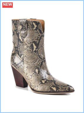 Snakeskin Ankle Boots Pointed Toe Chunky Block Heel Pull On Booties